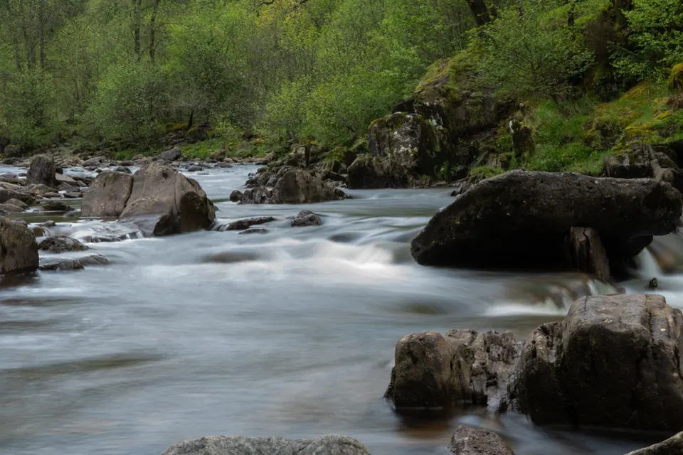 River water flows between dark rocks in a wooded gorge