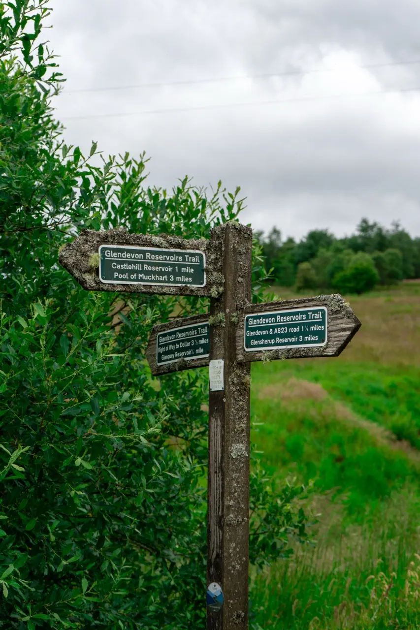 Wooden direction signs stand beside a hillside path